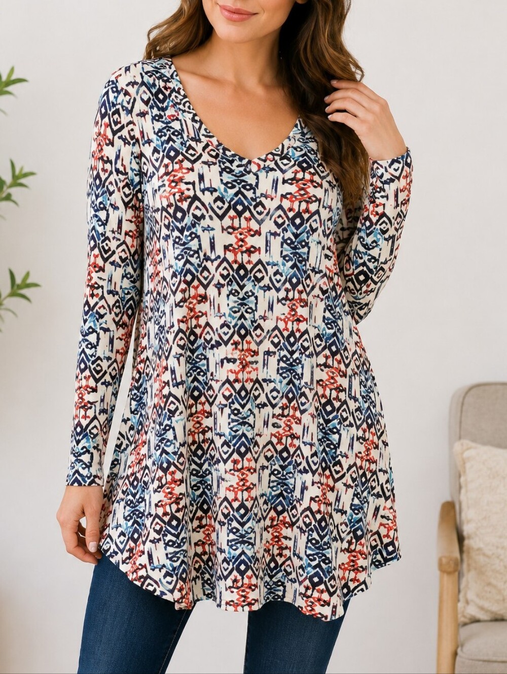 POPANA Women's Multicolor Geometric Print V-Neck Long Sleeve Top Size M